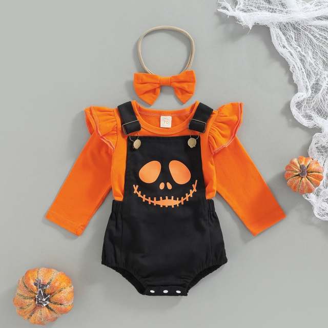 0-18M Infant Baby Girl Halloween Clothing Sets Long Sleeve Top Pumpkin Overalls