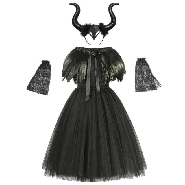Halloween Girls Devil Costume Kids Queen Dress with Feather Shawl Black