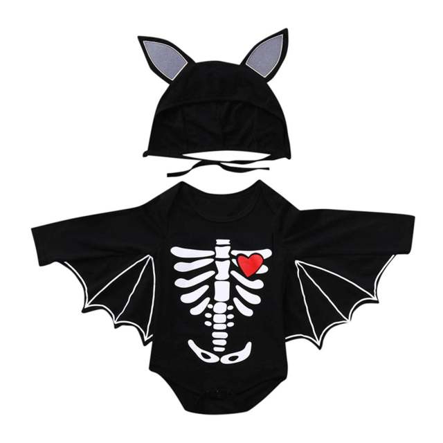 Baby Halloween Clothes Skull Pumpkin Print Bat Cosplay Romper With Hat