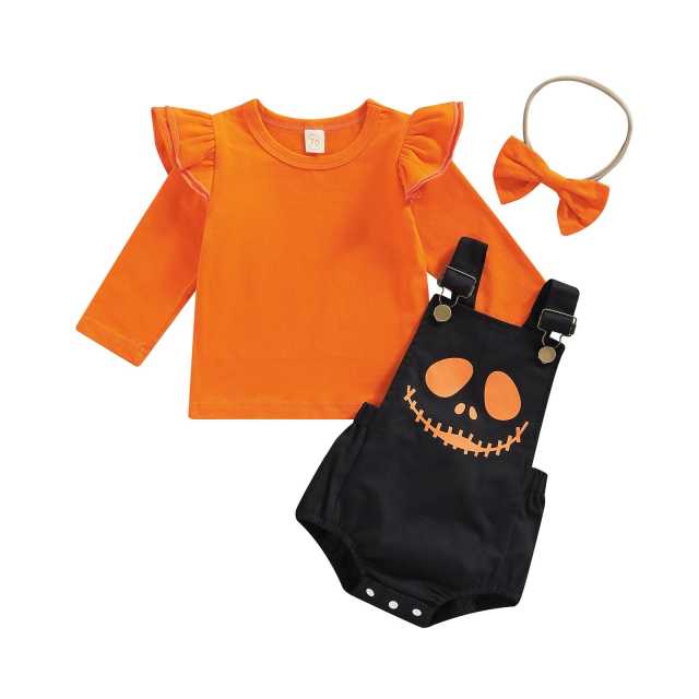 0-18M Infant Baby Girl Halloween Clothing Sets Long Sleeve Top Pumpkin Overalls