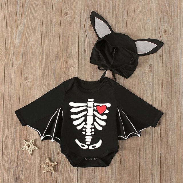 Baby Halloween Clothes Skull Pumpkin Print Bat Cosplay Romper With Hat