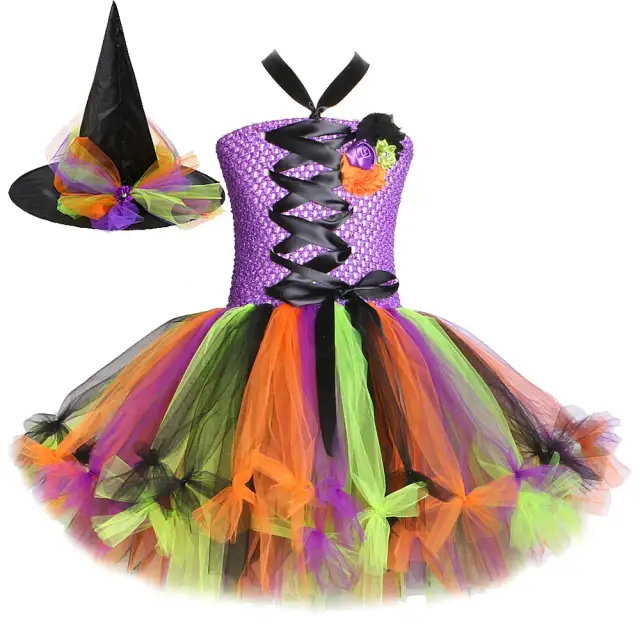 Witch Halloween Costumes for Girls Kids Sorceress Tutu Dress with Hat