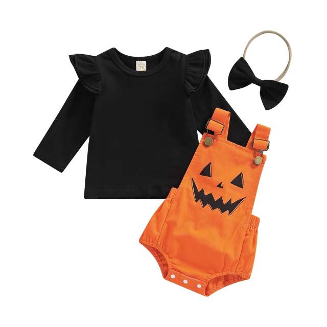 0-18M Infant Baby Girl Halloween Clothing Sets Long Sleeve Top Pumpkin Overalls