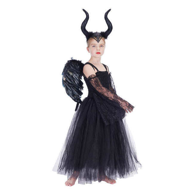 Halloween Girls Devil Costume Kids Queen Dress with Feather Shawl Black