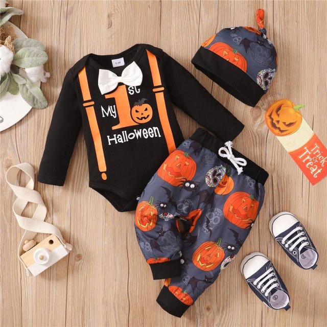 Halloween Baby Boys Clothes Set Pumpkin Printed Rompers+Pant+Hat 3pcs