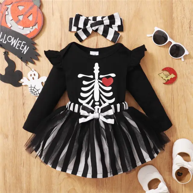 Halloween Skull Print Baby Girls Clothes Set Newborn Festival Dress Set