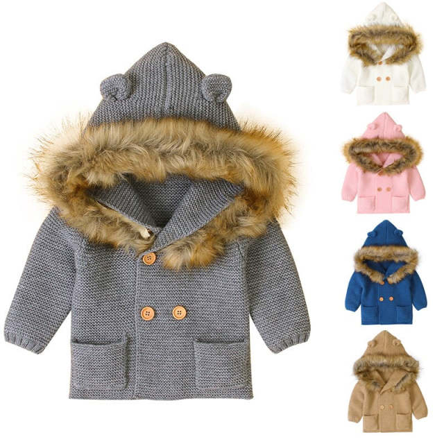 0-24M Baby Sweater Coat,Hooded Knitting Baby Autumn Winter Clothes