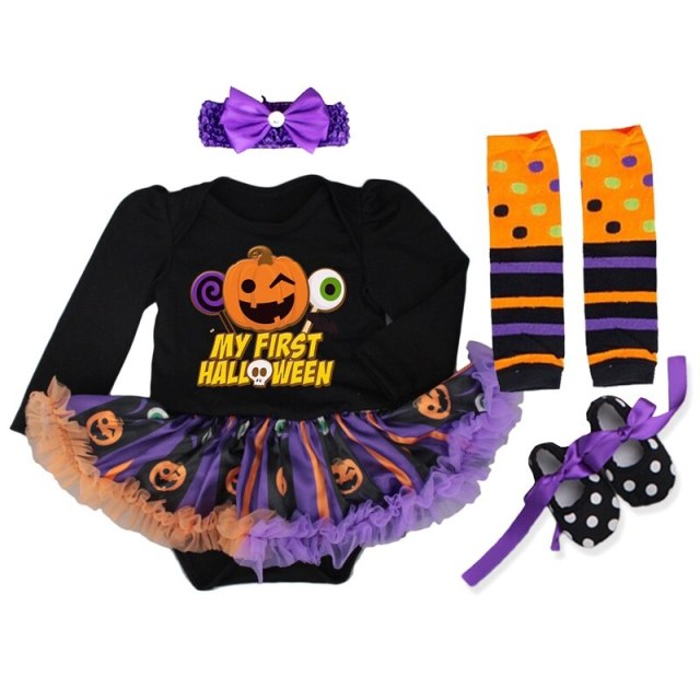 Halloween Baby Girl Dress Sets Black Pumpkin Romper Dress+Headband +Leg Warmers+Shoes 4pcs