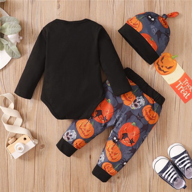 Halloween Baby Boys Clothes Set Pumpkin Printed Rompers+Pant+Hat 3pcs