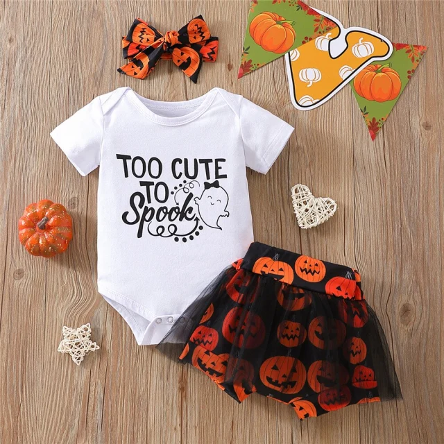 Halloween Print Baby Girls Clothes 3 piece Bodysuit+Dress+Headband Set