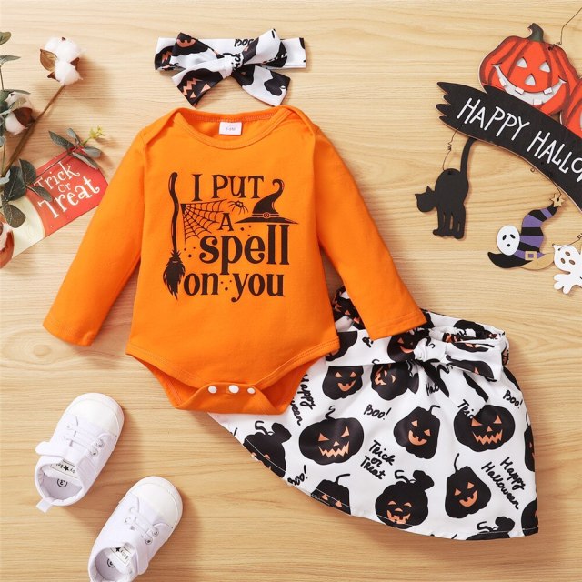 Baby Girl Halloween Clothes Set 2Pcs Bodysuit+Pumpkin Skirt Festival Costume