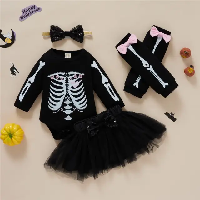 Halloween Skull Print Baby Girls Clothes Set Newborn Festival Dress Set