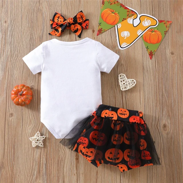 Halloween Print Baby Girls Clothes 3 piece Bodysuit+Dress+Headband Set