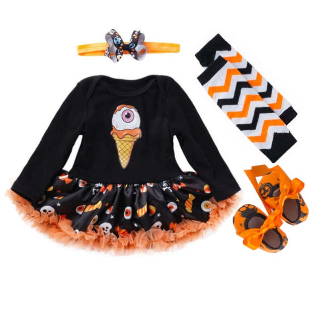 Halloween Baby Girl Dress Sets Black Pumpkin Romper Dress+Headband +Leg Warmers+Shoes 4pcs