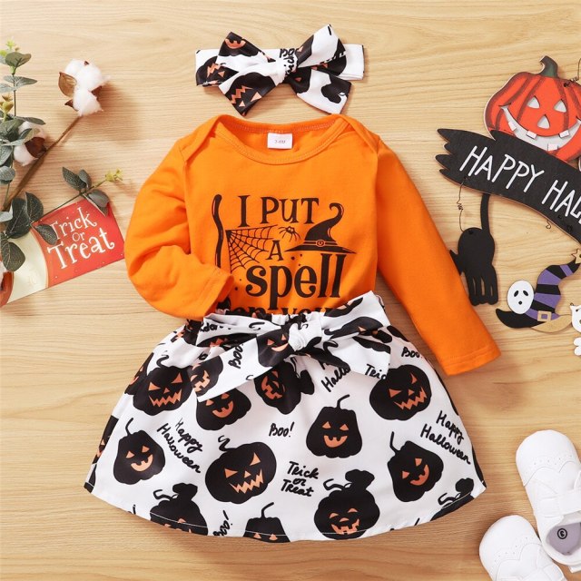 Baby Girl Halloween Clothes Set 2Pcs Bodysuit+Pumpkin Skirt Festival Costume