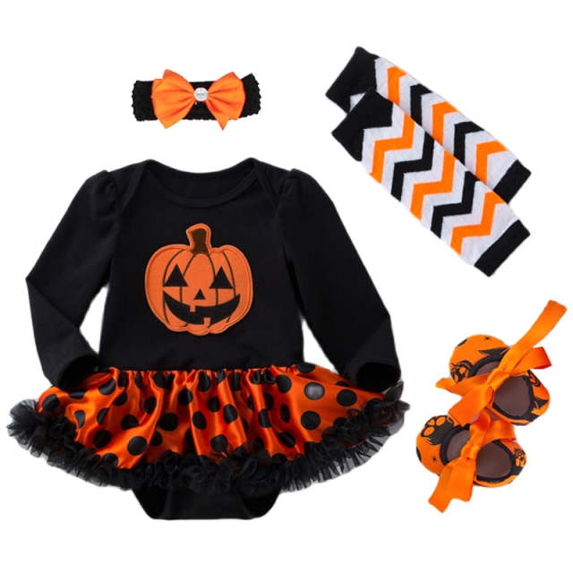 Halloween Baby Girl Dress Sets Black Pumpkin Romper Dress+Headband +Leg Warmers+Shoes 4pcs