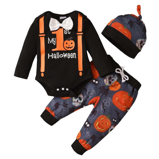 Halloween Baby Boys Clothes Set Pumpkin Printed Rompers+Pant+Hat 3pcs