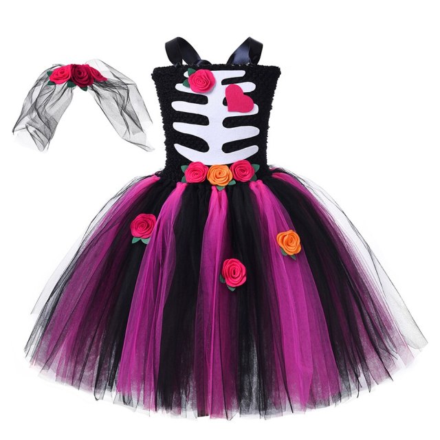 Girls Cosplay Skeleton Dress Costume Halloween Black Flower TuTu Dresses