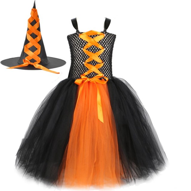 Girls Witch Halloween Costume for Kids Long Tutu Dress with Hat Broom Black Evil Queen Outfit Children Carnival Party Clothes