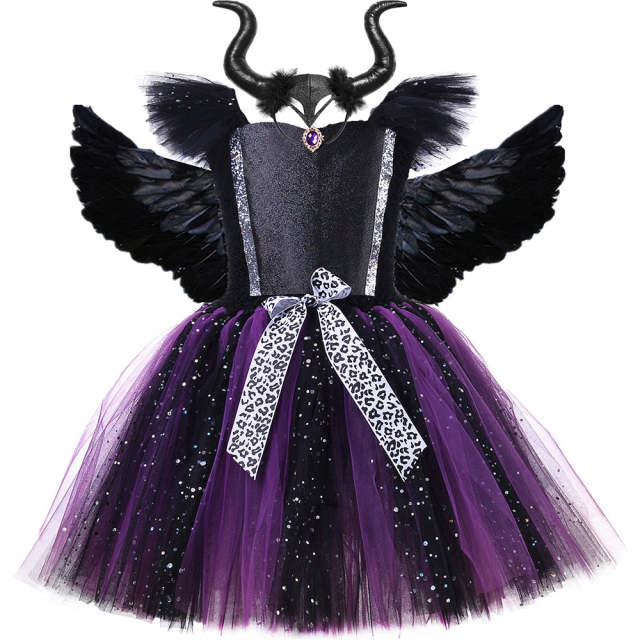 Girls Evil Queen Cosplay Tutu Dress with Horns Wings Halloween Costumes