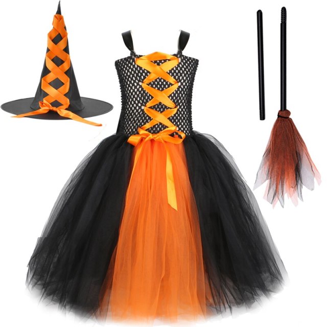Girls Witch Halloween Costume for Kids Long Tutu Dress with Hat Broom Black Evil Queen Outfit Children Carnival Party Clothes