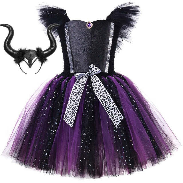 Girls Evil Queen Cosplay Tutu Dress with Horns Wings Halloween Costumes