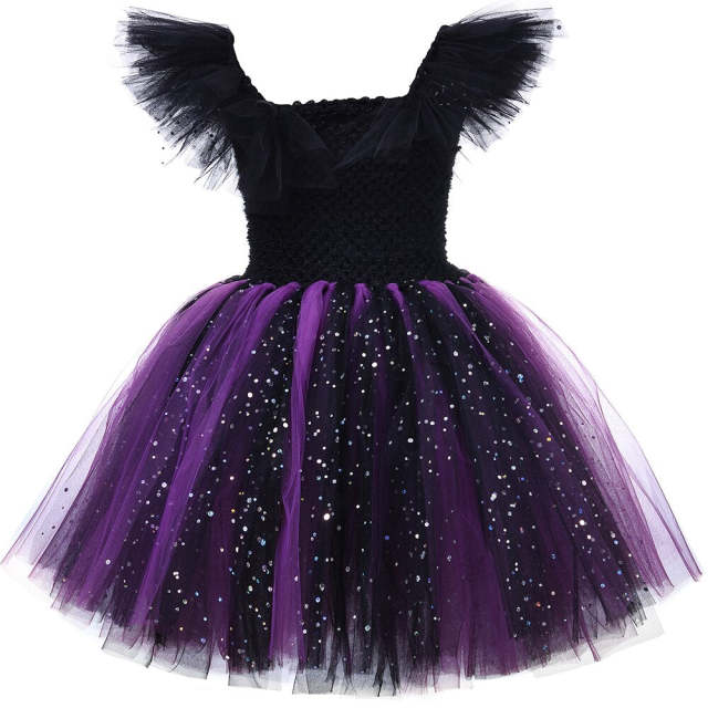 Girls Evil Queen Cosplay Tutu Dress with Horns Wings Halloween Costumes