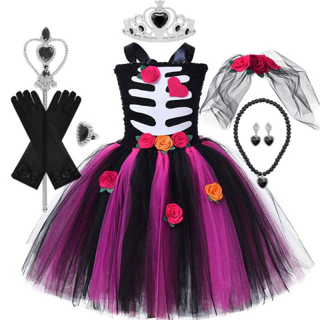 Girls Cosplay Skeleton Dress Costume Halloween Black Flower TuTu Dresses