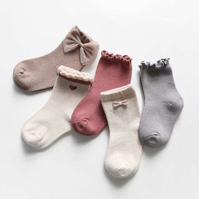 5pairs/lot Baby Girl Socks Toddler Bow Cotton Breathable Autumn Socks