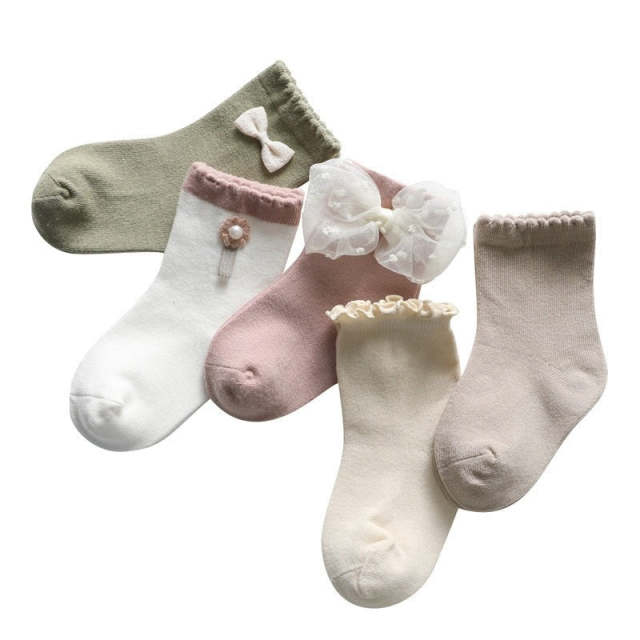 5pairs/lot Baby Girl Socks Toddler Bow Cotton Breathable Autumn Socks