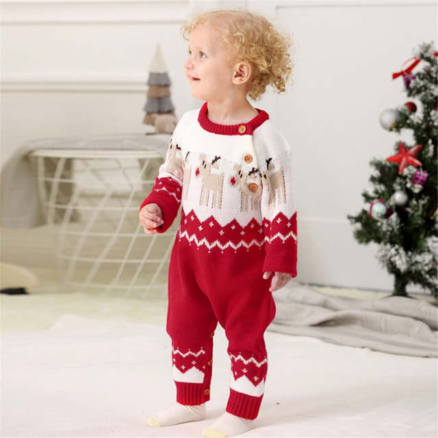 Baby Boys Girls Sweater Christmas Clothes Long Sleeve Elk Printed Jumpsuit