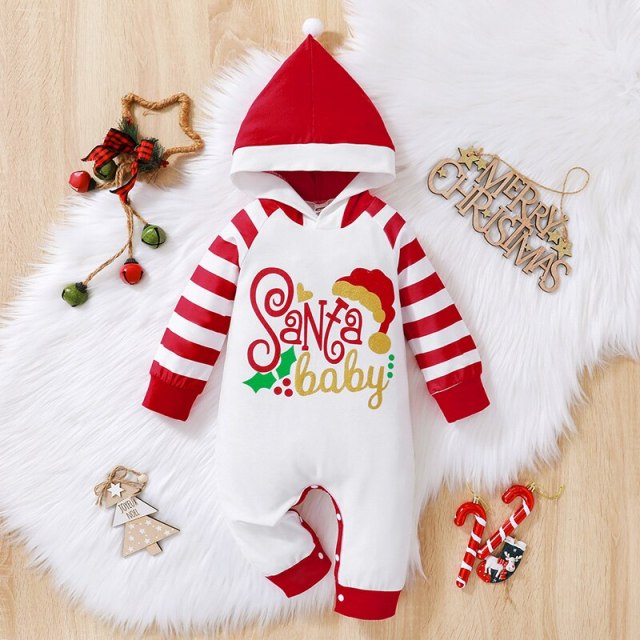 My First Christmas Baby Girl Boy One Piece Long Sleeve Hooded Romper