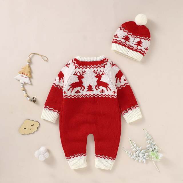 Christmas Baby Clothes Knitted Single-breasted Long Sleeve Jumpsuit with Hat