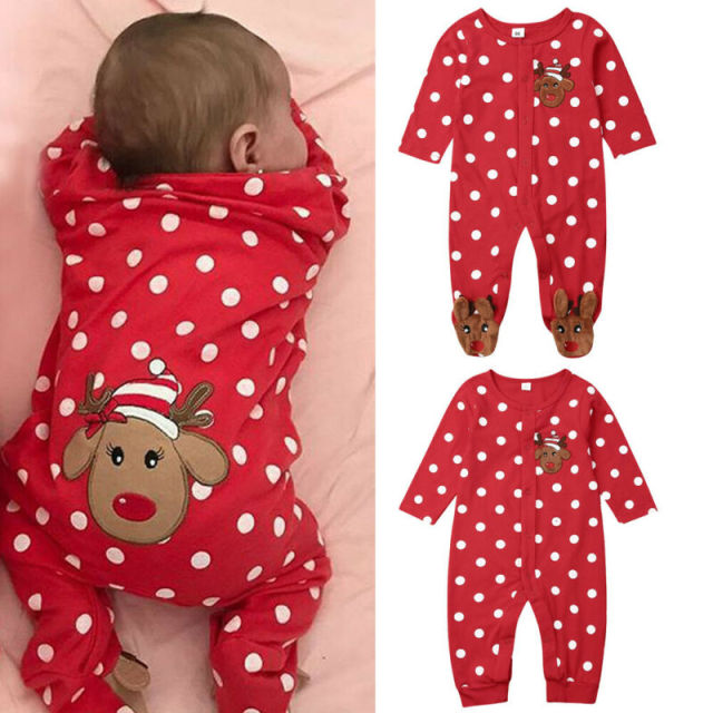 Baby Boy Girl Christmas Jumpsuit Xmas Deer Printed Long Sleeve Romper for 0-24M