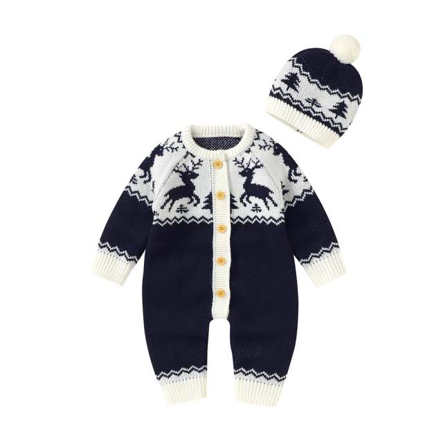 Christmas Baby Clothes Knitted Single-breasted Long Sleeve Jumpsuit with Hat