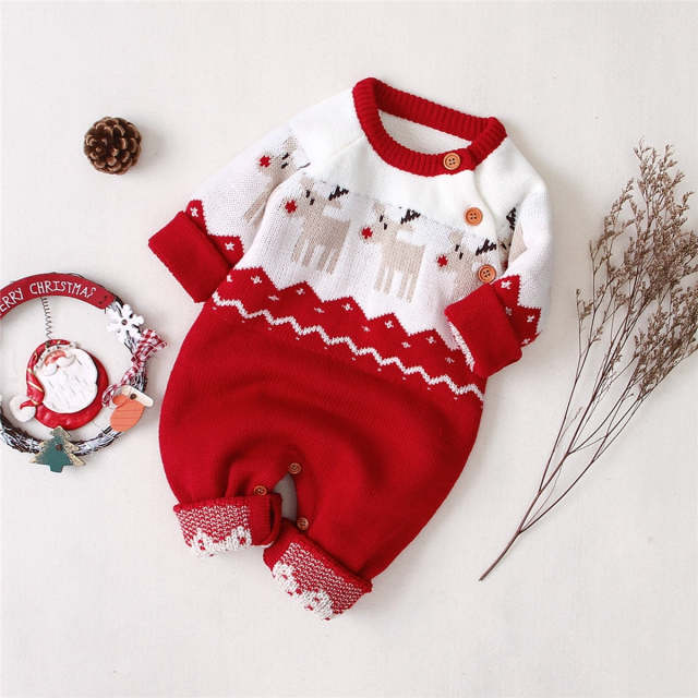 Baby Boys Girls Sweater Christmas Clothes Long Sleeve Elk Printed Jumpsuit