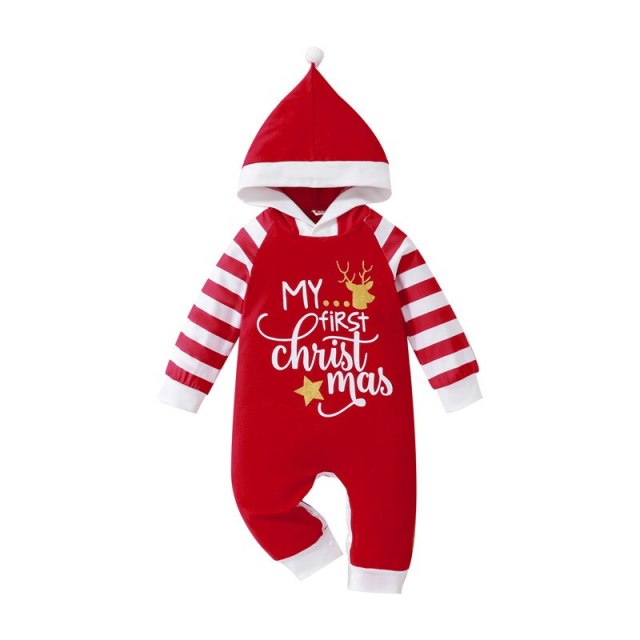 My First Christmas Baby Girl Boy One Piece Long Sleeve Hooded Romper