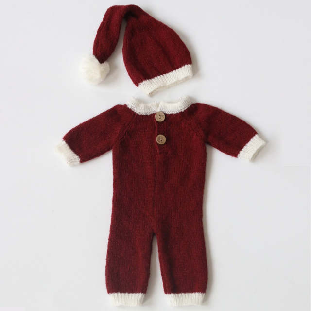 Newborn Photography Clothing Mohair Christmas Hat+Jumpsuit 2Pcs/set