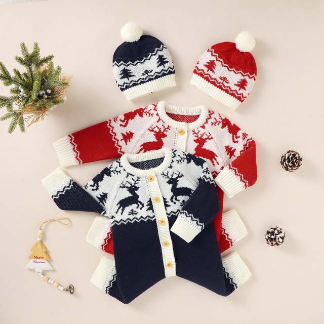 Christmas Baby Clothes Knitted Single-breasted Long Sleeve Jumpsuit with Hat