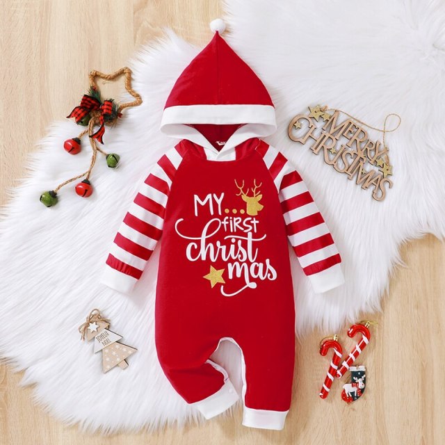 My First Christmas Baby Girl Boy One Piece Long Sleeve Hooded Romper