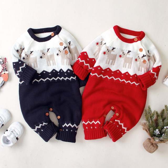 Baby Boys Girls Sweater Christmas Clothes Long Sleeve Elk Printed Jumpsuit