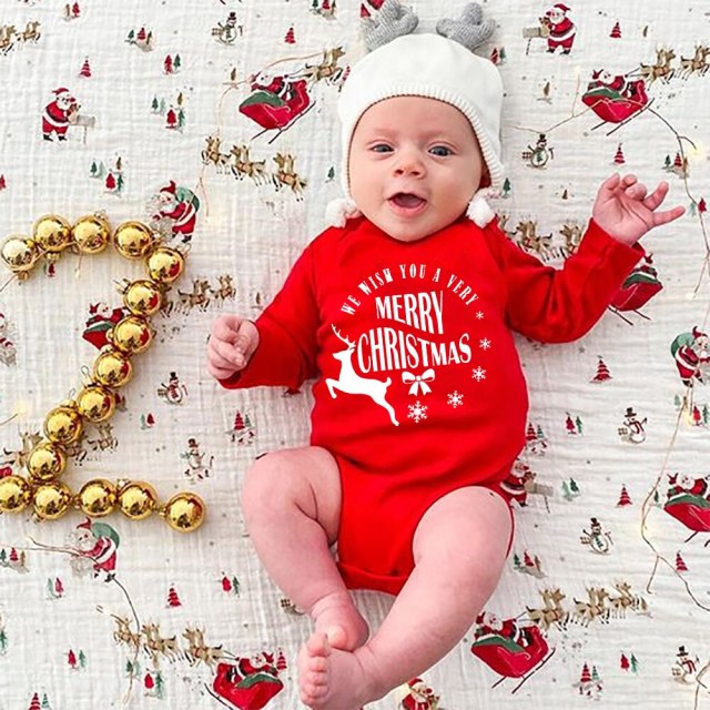 Newborn Merry Christmas Baby Rompers Red Long Sleeve Cotton Toddler Bodysuits