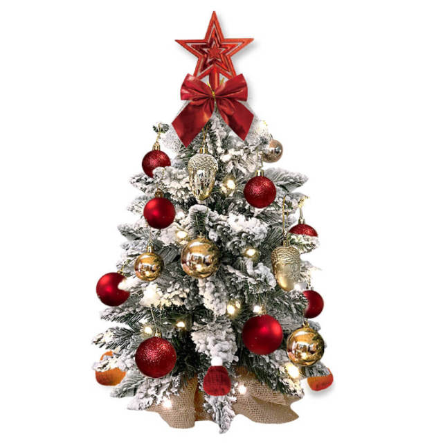 2ft Tabletop Christmas Tree with Light Artificial Small Mini Christmas Decoration with Flocked Snow Exquisite Decor & Xmas Ornaments for Table Top for Home & Offic