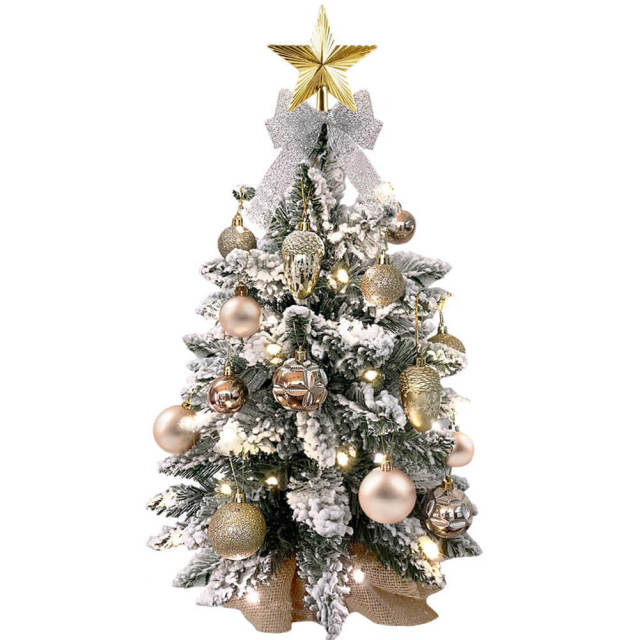 2ft Tabletop Christmas Tree with Light Artificial Small Mini Christmas Decoration with Flocked Snow Exquisite Decor & Xmas Ornaments for Table Top for Home & Offic