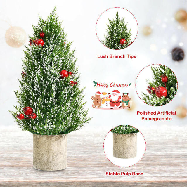 Mini Artificial Christmas Tree 18.5” Tabletop Xmas Tree with 21 Red Berries & 6 Pine Cones, 170 Branch Tips & Pulp Stand