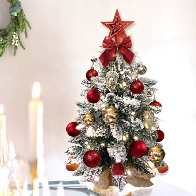 2ft Tabletop Christmas Tree with Light Artificial Small Mini Christmas Decoration with Flocked Snow Exquisite Decor & Xmas Ornaments for Table Top for Home & Offic