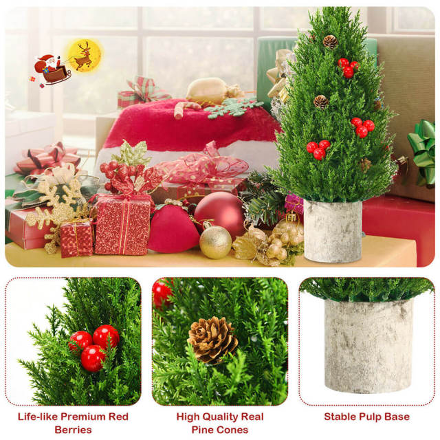 Mini Artificial Christmas Tree 18.5 inch Tabletop Xmas Tree with 21 Red Berries & 6 Pine Cones 170 Branch Tips & Pulp Stand