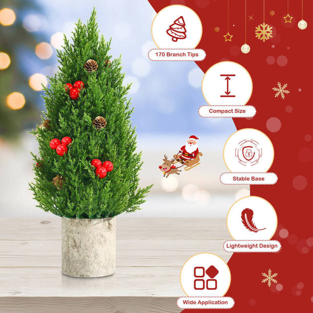 Mini Artificial Christmas Tree 18.5” Tabletop Xmas Tree with 21 Red Berries & 6 Pine Cones, 170 Branch Tips & Pulp Stand