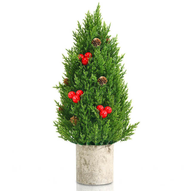 Mini Artificial Christmas Tree 18.5” Tabletop Xmas Tree with 21 Red Berries & 6 Pine Cones, 170 Branch Tips & Pulp Stand