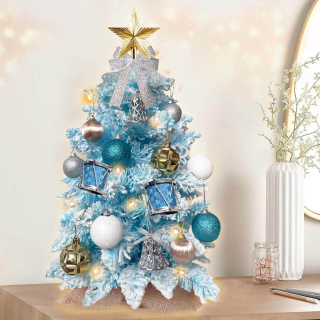 2ft Tabletop Christmas Tree with Light Artificial Small Mini Christmas Decoration with Flocked Snow Exquisite Decor & Xmas Ornaments for Table Top for Home & Offic